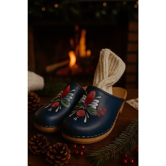 Swedish Dala Hand-painted Wooden Clogs 37 / US 6.5 - Blue Holiday Cabincore Shoe - Picture 1 of 9